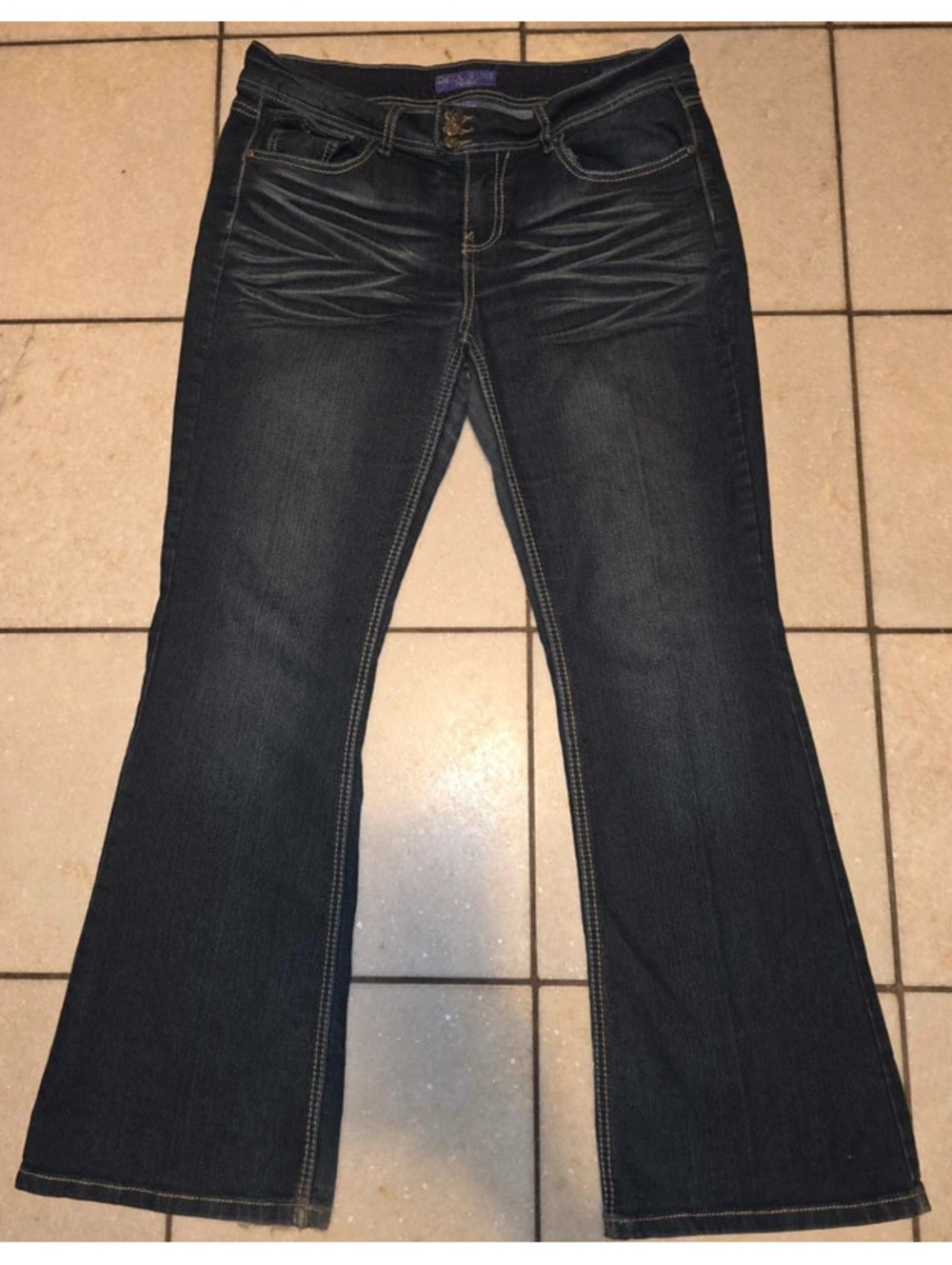 Deja Bleu Womens Flare Jeans Size 14 Dark Wash Whiskered Y2K Flap Pocket Stretch